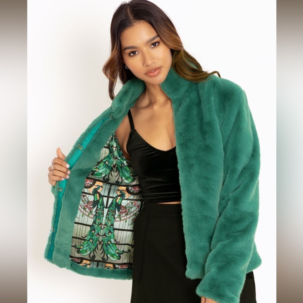 Glass Garden Lined Emerald Faux Fur Coat, Blackmilk Size 10 - Picture 2 of 5